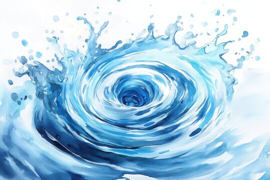 A vivid watercolor painting of a swirling water vortex with splashes and dynamic movement in various shades of blue and white.