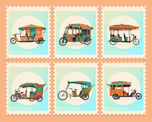 Vintage Royal Rickshaw Postage Stamps&mdash;Colorful Asian Transport Decorative Traditional South Asian Urban Vehicles Set 