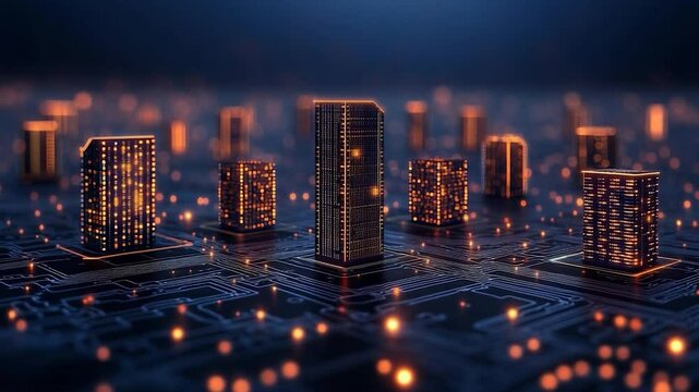Digital Cityscape: Illuminated Towers on Circuit Board