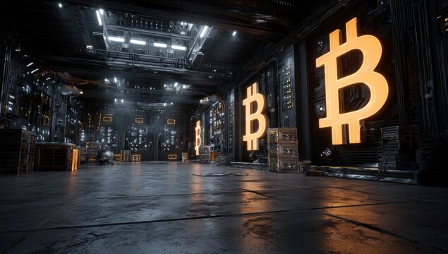 Futuristic, dark interior space with Bitcoin symbols
