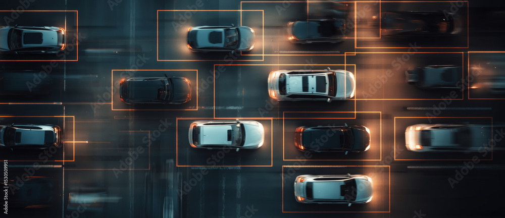 Aufkleber Multiple vehicles are detected on a busy urban road with clear lane markings. The image captures real-time traffic patterns during peak hours, showcasing advanced vehicle recognition technology.