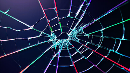 Cracked glass screen with colorful light reflections on dark background closeup abstract