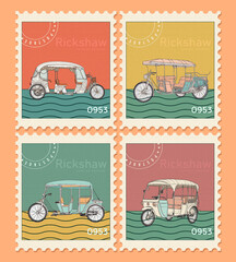 Vintage Abstract Rickshaw Postage Stamps&mdash;Colorful Asian Transport Decorative Traditional South Asian Urban Vehicles Set 