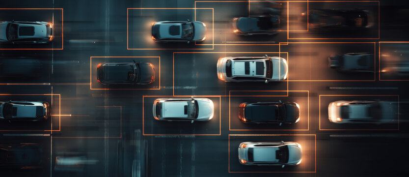 Multiple vehicles are detected on a busy urban road with clear lane markings. The image captures real-time traffic patterns during peak hours, showcasing advanced vehicle recognition technology.