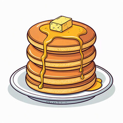 Stack of golden pancakes with melting butter and dripping syrup on white plate flat style vector illustration
