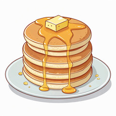 Stack of golden pancakes with melting butter and dripping syrup on white plate flat style vector illustration