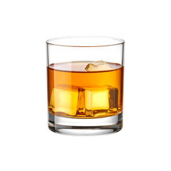 A clear glass tumbler filled with amber whiskey and three ice cubes.