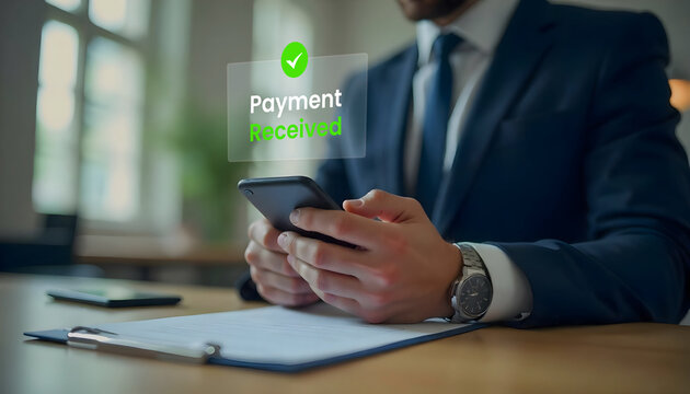 Payment Successful Message on Mobile Screen Held by Businessman - Powered by Adobe