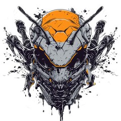 Robotic helmet with a melted or dissolving effect on white background