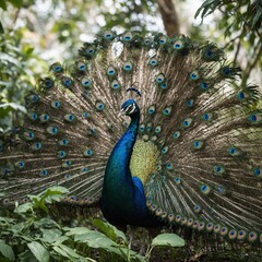 A peacock spreading its feathers in the jungle, white background