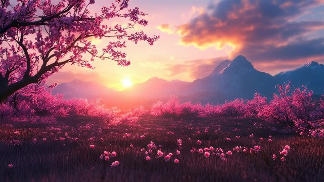 Pink Blossom Tree Landscape at Sunrise, Serene Nature Beauty and Tranquility, Blooming flowers