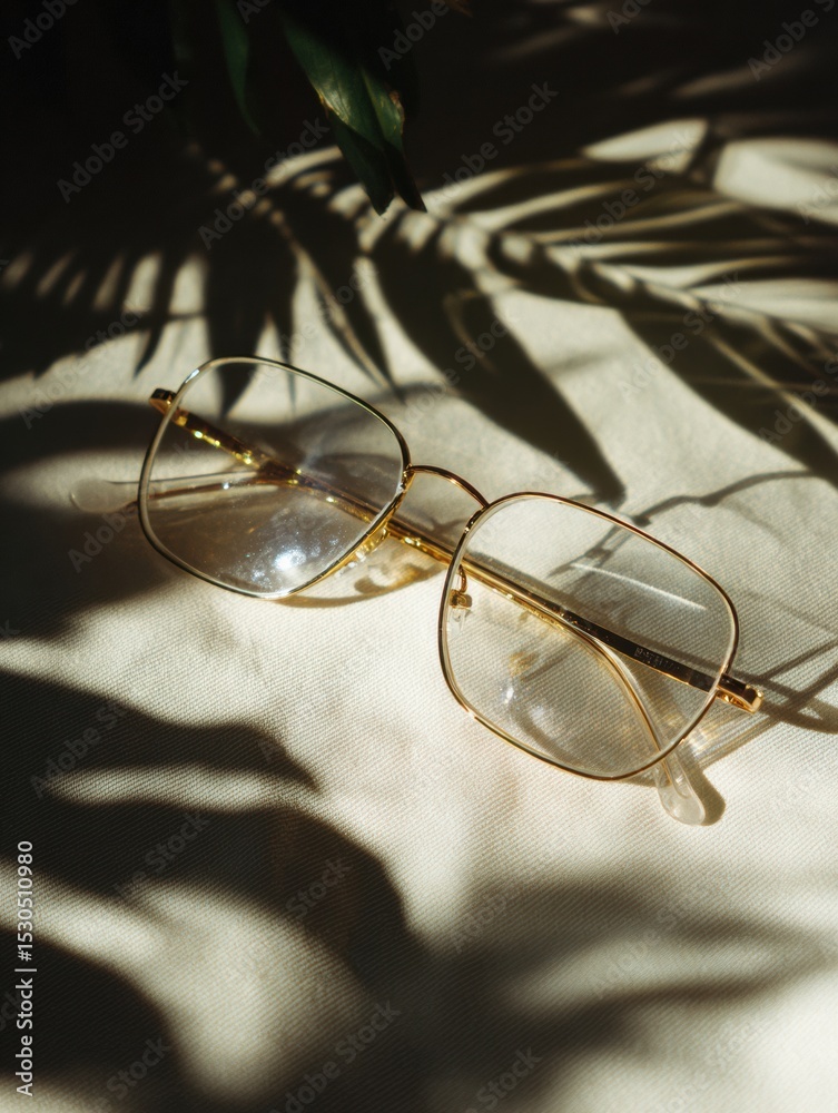Aufkleber stylish glasses resting on a surface with intriguing plant shadows in a well-lit space during the da