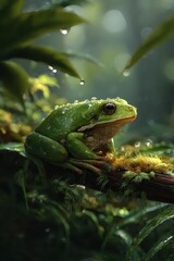 Obraz premium A vibrant green tree frog sits on a moss-covered branch amidst rich foliage. Dewdrops glisten around, creating a serene atmosphere in a lush rainforest during early morning hours