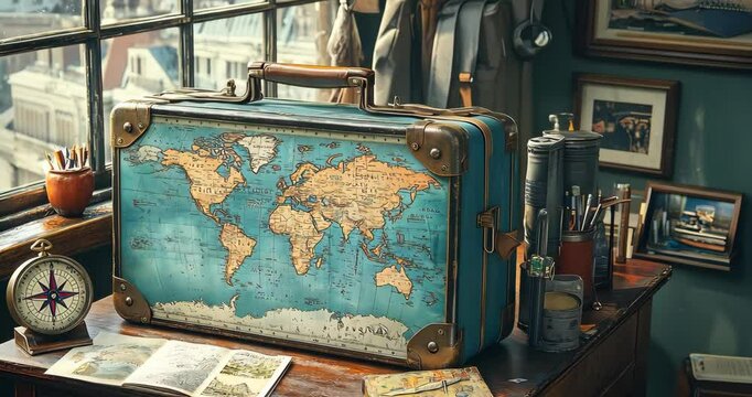 A vintage suitcase with a world map sits on a desk, ready for a travel adventure.