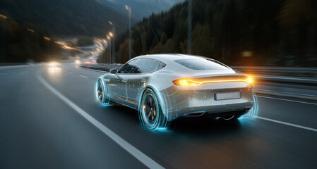 Fototapeta premium A sleek electric vehicle navigates a multi-lane highway during early evening. The roads are illuminated, showcasing traffic flow among surrounding vehicles, creating a vibrant atmosphere.