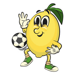 cute lemon mascot cartoon play football or soccer, fun citrus character vector for summer, work of hand drawn