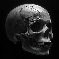 Obraz premium The dark skull displays an array of detailed cracks, enhancing its textured surface. Positioned against a black backdrop, it evokes themes of mortality and history, inviting contemplation