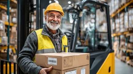 A middle-aged worker wearing a yellow vest and helmet stands in a warehouse, smiling while holding a box. The background features a forklift and shelves filled with packages