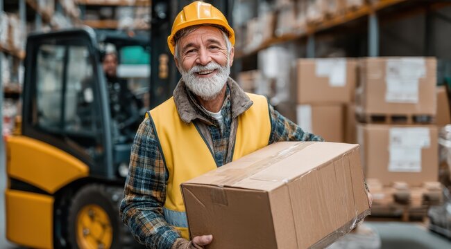 Middle-aged male worker in a yellow safety vest and helmet smiles while carrying a cardboard box in a bustling warehouse. A forklift is visible in the background, indicating activity