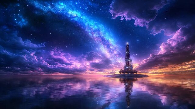 Enchanted Tower on a Calm Island Under a Starry Sky