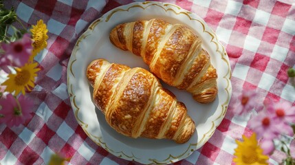 high angle of croissant picnic set on gingham cloth, summer day