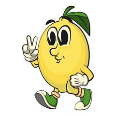 cute lemon mascot cartoon walking with peace sign, fun citrus character vector for summer, work of hand drawn