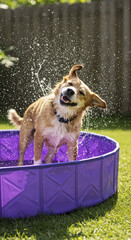 Dog Shaking Water Off in Purple Outdoor Collapsible Pool on Sunny Day