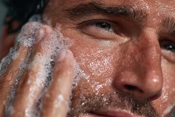 Close-up of a Man Washing His Face with Foaming Cleanser in a Skincare Routine for Healthy Complexion