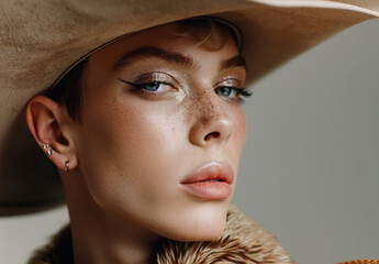Freckled model in cowboy hat with sparkling eyeshadow and bold eyeliner