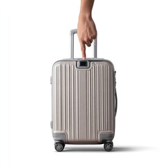 Silver carry on luggage suitcase with hand pointing travel size suitcase for travel and business trips