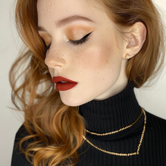 Red haired woman in turtleneck with gold necklace and vintage makeup