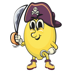 cute lemon mascot cartoon wearing a pirate hat while holding a machete and using hooks, fun citrus character vector for summer, work of hand drawn