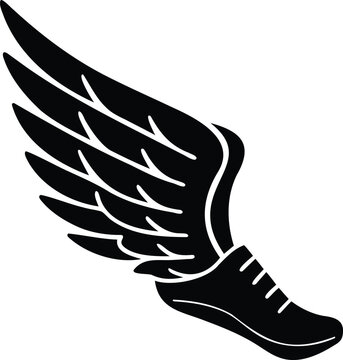 Winged running shoe silhouette vector illustration symbolizing speed, athletics, Hermes concept, and fast delivery for sportswear, logos, or marathon icons