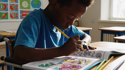 Young student in wheelchair coloring in classroom - Powered by Adobe
