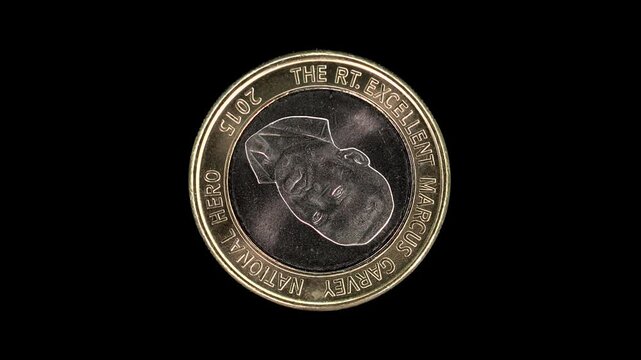Jamaica 2015 20 dollars coin reverse with Marcus Garvey portrait rotating on black background