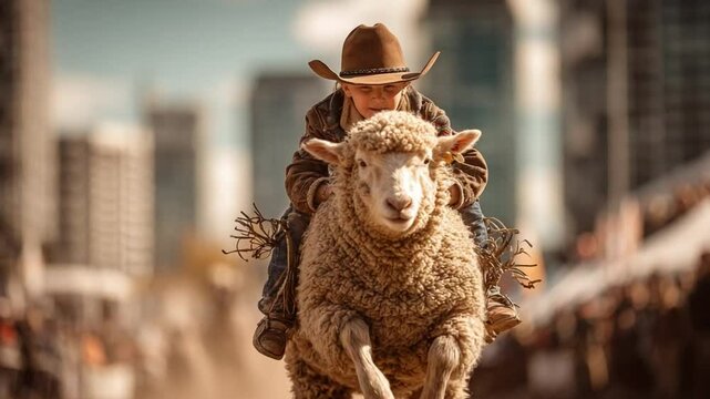 Young Cowboy's Sheep Ride Adventure: A young cowboy fearlessly rides a sheep, captured in a dynamic action shot, against a blurred city backdrop. capturing the spirit of adventure and youthful energy.