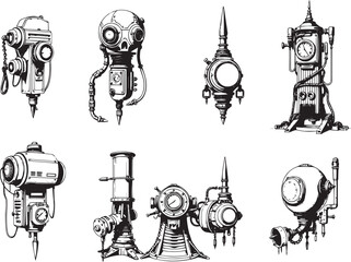 Mechanism set, retro, vintage, steampunk, cyberpunk, decorative elements. Ideal design for social media, cover, banner, flyer, music, ads.