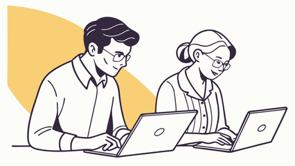 Illustration of a man and a woman working on laptops with a yellow background and wearing glasses design
