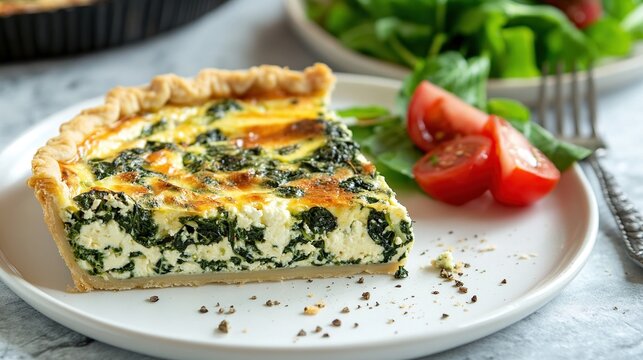 A slice of spinach and cheese quiche on a white plate with a side salad of spinach and tomatoes