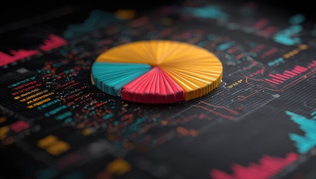 Close-up of 3-part pie chart on a dark data background