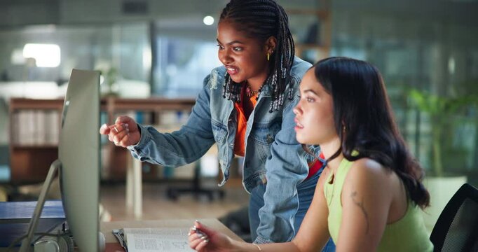 Business, help and women in office, computer and coaching with review for article. People, employees and journalist in workplace, PC or conversation with feedback, advice or cooperation with mentor