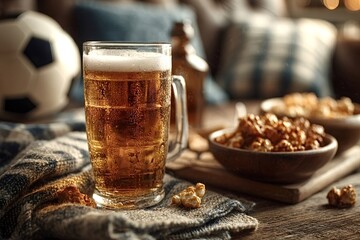 Fototapeta premium Chilled mug of beer sitting alongside bowls of sweet caramel popcorn, creating the perfect setup for a cozy evening enjoying soccer matches at home with friends