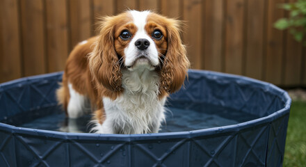 Small Brown and White Dog Standing in Blue Pet Bath Pool Outdoors