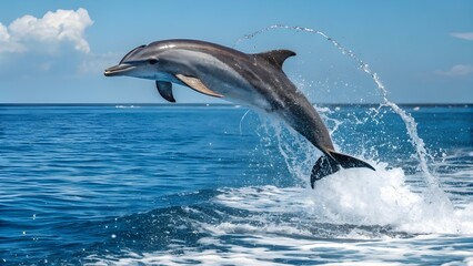 Obraz premium A magnificent dolphin leaps from the sparkling ocean embodying freedom and joy in its acrobatic display against a clear