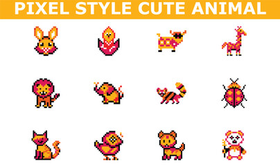 Pixel Art Cute Animal Icons, Cartoon, Orange, Red, Yellow