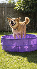 Excited Tan Dog Shaking Water in Purple Plastic Pool in Backyard