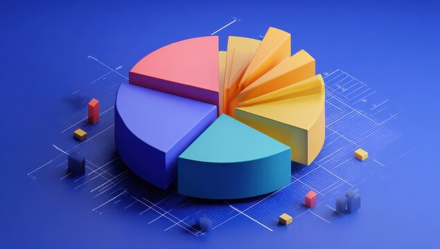 Colorful 3D pie chart on a blue background with graphic overlay