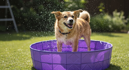 Golden Dog Shaking Water in Purple Pool During Bathing Session