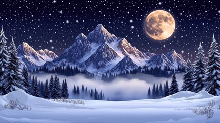 Fototapeta premium Winter Mountain Landscape with Moon and Stars Pixel Art Scene