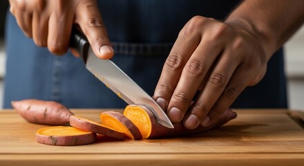 Slicing Sweet Potato: Chef expertly cuts fresh sweet potato into healthy rounds